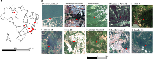 Fig. 3 Ae. albopictus sampling sites at ten urban-forest interfaces in Brazil.a Localization of the ten sites in Brazil; b Satellite images showing each sampling site as a red dot. Satellite images were downloaded from https://earthexplorer.usgs.gov and the maps were drawn using Qgis 2.18.14