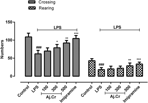 Figure 6 Locomotor activity (crossings and rearing) was observed through open field test in the control, imipramine treated group, and methanolic extract of treated groups (100, 300, and 500 mg/kgbwt) post oral administration of 14-days, in LPS-induced depression mice (LPS; 0.83 mg/kgbwt i.p at 14th Day). Each group has the same number of mice (n=10). Values are statistically significant at ###P˂0.001, between normal and LPS group, ***P˂0.001, **P˂0.01, *P˂0.05 between LPS and, imipramine treated groups.