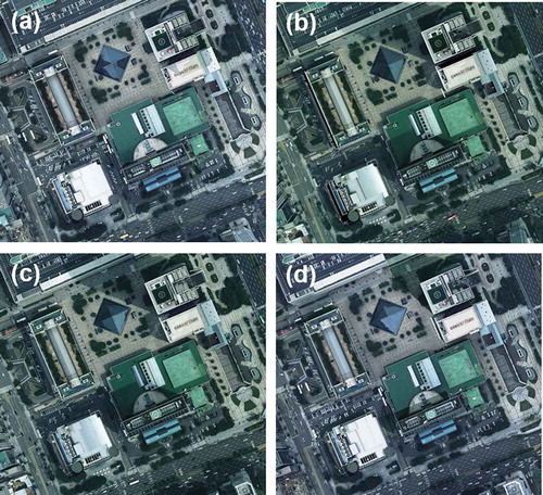 Figure 12. Final true orthoimages of KWTC area. (a) Left image in strip 1. (b) Right image in strip 1. (c) Left image in strip 2. (d) Right image in strip 2.