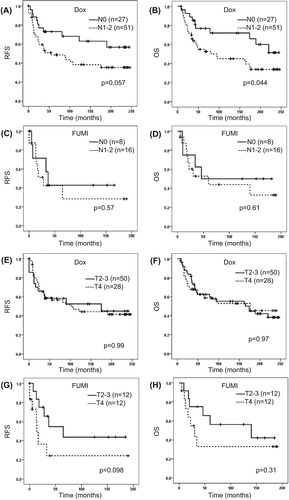Figure 2. Survival related to pre-treatment clinical nodal (N) status (A–D) and tumour T-stage (E–H) in patients with locally advanced breast cancer given neoadjuvant doxorubicin or FUMI. OS, overall survival; RFS, recurrence-free survival. Number of patients per group given in parenthesis (patients with stage IV disease excluded). Censored values are marked with +.