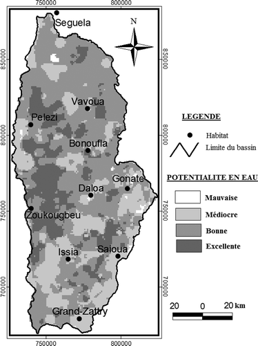 Figure 7. Carte des sites potentiels en eau souterraine du bassin versant de la Lobo.