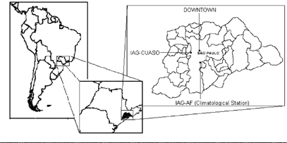 FIG. 1 Metropolitan Area of São Paulo (MASP), aerosol sampling site (IAG-CUASO) and climatological station (IAG-AF).