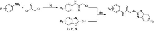 Scheme 1. Synthetic route of 2-heteroarylthio-N-arylacetamides 16–32. Reagents and conditions: (a) Et3N, CH2Cl2, r.t; (b) Et3N, THF, 60 °C.