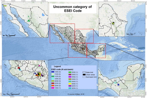 Figure 8. Characterization of water management sustainability of the uncommon sub-basins of Mexico using ESEI codes.