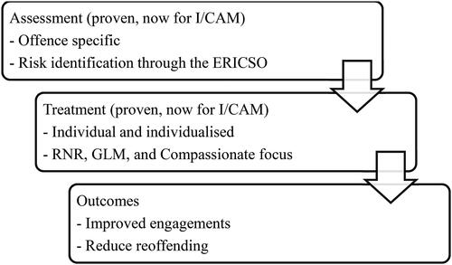 Figure 1. Conceptual framework for I/CAM-specific assessment and treatment. I/CAM = internet child abuse material; ERICSO = Estimated Risk of Internet Child Sexual Offending; RNR = risk–needs–responsivity model; GLM = good lives model.
