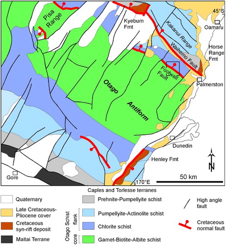 Figure 2. Tectonic map of Otago Schist and adjacent terranes showing metamorphic facies zones. Also shown Footwall and Waihemo faults, other Cretaceous normal faults and Cretaceous syn-rift deposits; note that Waihemo Fault cuts metamorphic zonation. Waipounamu Erosion Surface is part Late Cretaceous to Pliocene cover. Box outlines location of Figure 3.