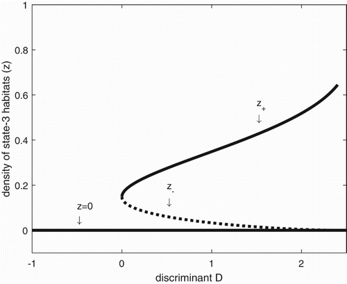 Figure 2. The bifurcation diagram of system (Equation2(2) x˙=−mx+(1+d)(1−x−y−z)z+2my−(1+d)xz,y˙=−y+(3m+d)z−2my+(1+d)xz,z˙=y−(3m+d)z.(2) ). The equilibrium proportions of state-3 territories, generically denoted as z, change with increasing discriminant D, as does their respective stability properties. In the figure, z=0 and z+ correspond to locally stable equilibria E0 and E+, respectively, and are shown in solid lines. The value z− corresponds to the locally unstable equilibrium, E−, is shown as the dotted line. We obtain the corresponding values of the discriminant D and z±, by fixing the dispersal rate d as a constant, and changing the mortality rate m.