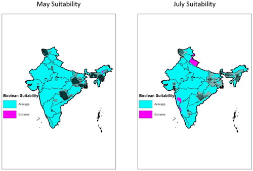 Figure 5. Boolean suitability rasters of combined climatological effects on terrorism in India.