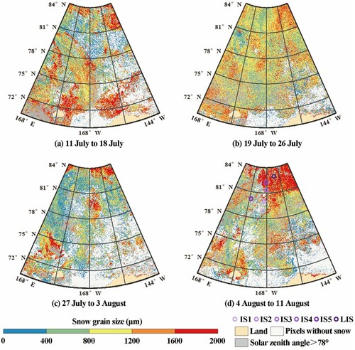 Figure 7. Spatial distribution of MODIS-derived snow grain size on Arctic sea ice from (a) 11 July to 18 July, (b) 19 July to 26 July, (c) 27 July to 3 August, and (d) 4 August to11 August. The locations of in-situ ice stations for snow grain size measured were presented in (d).