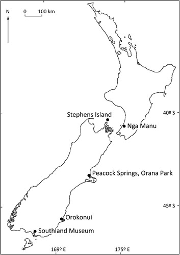 Figure 1 A map showing the location of Orokonui Ecosanctuary and four other captive-rearing facilities for tuatara. Also shown is Stephens Island (Takapourewa), the source population for captive stocks.