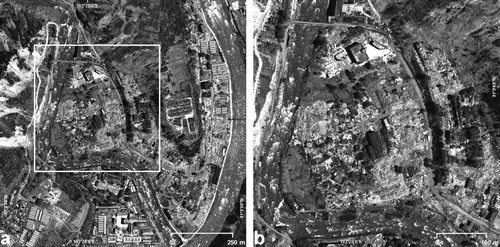 Figure 2.  A 1×1 km2 subset of the city of Yingxiu as seen by WorldView-1 (a). The highlighted central area is enlarged in (b).