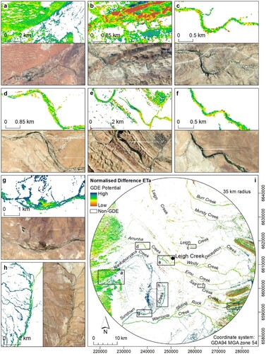 Figure 8. Results of the ETa (wetness) parameter, showing: (a–h) model ‘control’ locations where GDEP was expected to be high (with corresponding high-resolution image); and (i) the spatial distribution of the ETa (wetness) parameter mapping results over the study area and the location of each subset.