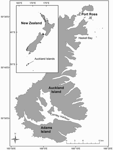 Figure 1. Map of the Auckland Islands showing the study area in and around Port Ross. Inset shows the the location of the Auckland Islands relative to mainland New Zealand.