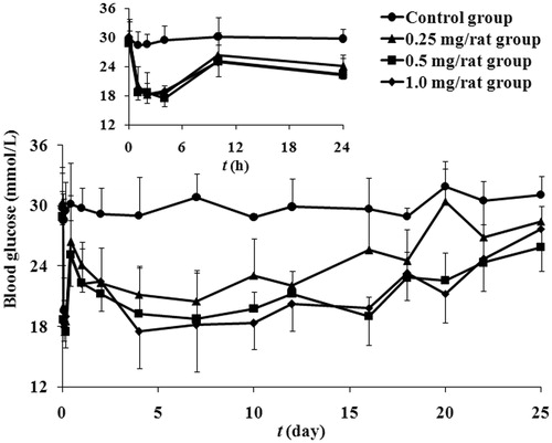 Figure 6. The observed blood glucose concentrations-time profiles after a single subcutaneous administration of microspheres at the exenatide dose of 1 (rhombus), 0.5 (square), 0.25 (triangle) and 0 (circle) mg/rat in diabetic rats. The inset shows blood glucose versus time curves from 1 to 24 h (mean ± SD, n = 5).