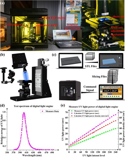 Figure 2. (a) Customized DLP printing system components. (c) Print schematic. (d) DLP printing flow chart. (e) Test the spectrum of the digital light engine. (f) Measure the UV light power of the digital light engine.