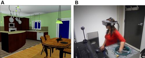 Figure 1 A screenshot of the virtual apartment (A) – left) and a person (B) – image reproduced with permission by written informed consent) immersed in the virtual environment with her non-dominant arm in the cold pressor. Note the webcam providing a live video feed of the immersed hand.