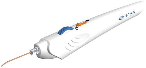 Figure 3 The MINIject implant comes preloaded in a transparent sheath which is then connected to a handle. © iSTAR Medical.