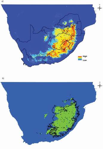 Figure 3. The predicted distribution of Euphorbia clavarioides in southern Africa showing (a) probability of occurrence values, and (b) modeled distribution, with green indicating predicted presence (as calculated using the equal training sensitivity and specificity threshold). Provincial and national boundaries are indicated in (a), while the extent of the grassland biome is shown in (b). Black dots indicate occurrence records