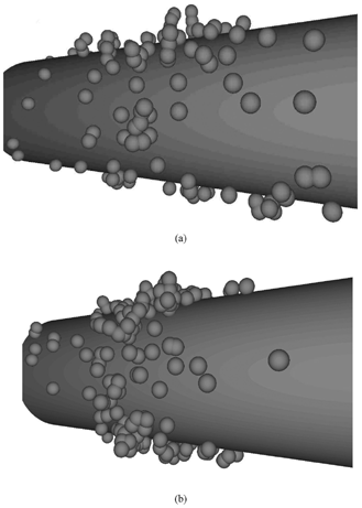 FIG. 2 Picture of dendrite structures; results in simulations, d f = 30 [μm], d p = 1 [μ m], Q f = −9 * 10− 9 [C/m] (airflow from the upside), (a) with resuspension and (b) without resuspension.