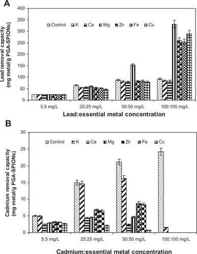 Figure 8 Effect of different essential metals on lead removal (A) and cadmium removal (B) by PGA-SPIONs.Abbreviation: PGA-SPIONs, poly(γ-glutamic acid)-superparamagnetic iron oxide nanoparticles.