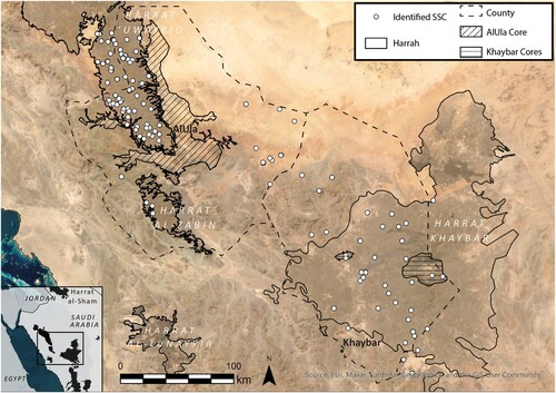 Figure 1 Satellite image of AlUla and Khaybar counties showing the location of the ḥarrah in north-west Arabia.