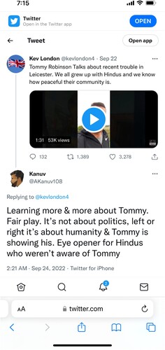 Figure 4. Hindutva aligned Twitter post reposting a post that includes a video by Robinson.