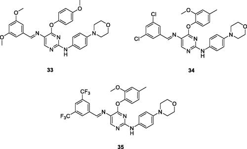Figure 15. Chemical structures of phenoxypyrimidine scaffold-based Lck inhibitors 33–35.