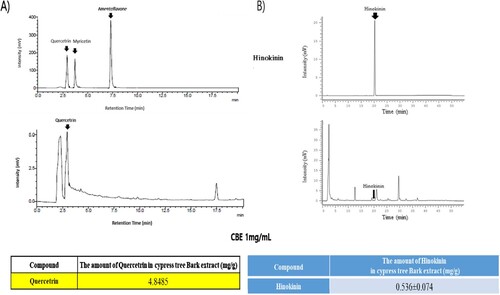 Figure 6. Quercetin (a) and Hinokinin (b) content in CBE, determined by HPLC analysis.