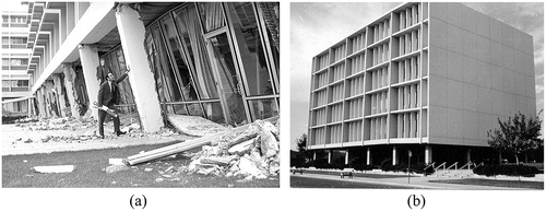 Figure 1. Examples of soft first storey building collapses: (a) Olive View Hospital, Sylmar, US; and (b) Imperial County Services building, El Centro, US (Zeris and Scodeggio Citation2016).