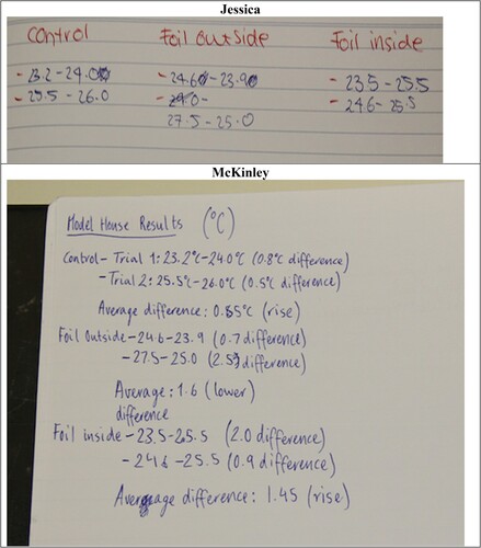 Figure 1. Data tables generated by Jessica (above) and McKinley (below).