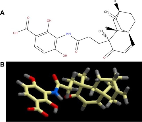 Figure 2 (A) two-dimensional and (B) three-dimensional molecular structure of platencin (molecular weight 425.2 g/mol).