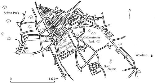 Figure 8. Wider view showing Woolton in relation to Penny Lane. Lennon’s senior school, Quarry Bank, is the shaded building above the 'C' of Calderstones. Map redrawn from the 1956 Ordnance Survey 25" edition.