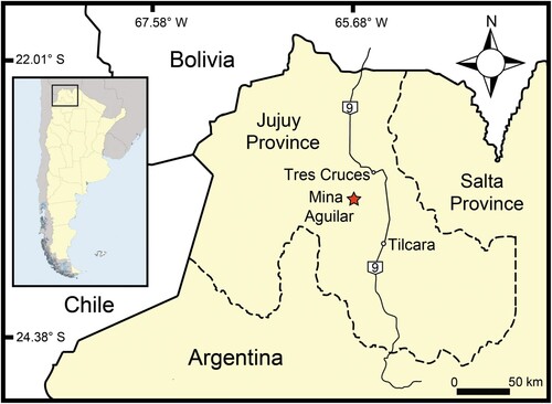 FIGURE 1. Detail of the study area (square in map of Argentina) and location of Mina Aguilar (star).