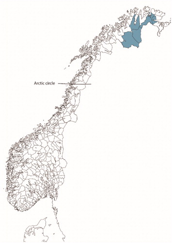 Figure 1. Map of Norway. The municipalities included in the survey are marked in blue (Nesseby, Tana, Prosanger, Karasjok and Kautokeino).