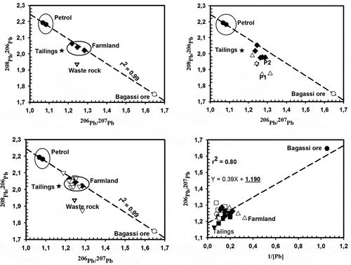 Figure 8. left panel: three-isotope diagram of 206Pb/207Pb vs. 208Pb/206Pb showing the Pb isotopic composition of farmland (control soil), tailing, waste rock, topsoil (collected at the close vicinity of the mining site), the host rock of the Bagassi ore and European leaded gasoline (Monna, Lancelot, Croudace, Cundy, & Lewis, Citation1997). Right panel: three-isotope mixing diagram of 206Pb/207Pb vs. 208Pb/206Pb showing the Pb isotopic composition of soil profiles (P1 and P2) relative to those of petrol, tailings and the host rock of the Bagassi ore, and Pb isotope diagram of 206Pb/207Pb vs. 1/[Pb]. The dotted line represents the regression through the Bagassi ore, farmland soil samples and leaded gasoline.