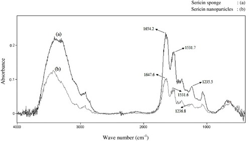 Figure 9. FTIR spectra of sericin sponge and electrosprayed sericin nanoparticles.
