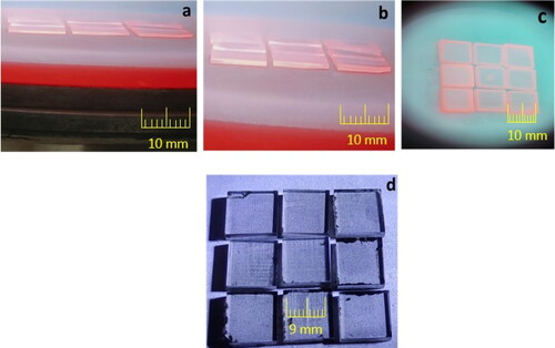 Figure 7. Reported growths of single crystal diamond seeds after (a) 18 h (b) 25 h (c) 130 h using (d) 9 mm× 9 mm × 1.85 mm cubes grown in 154 h process cycle using welding method.