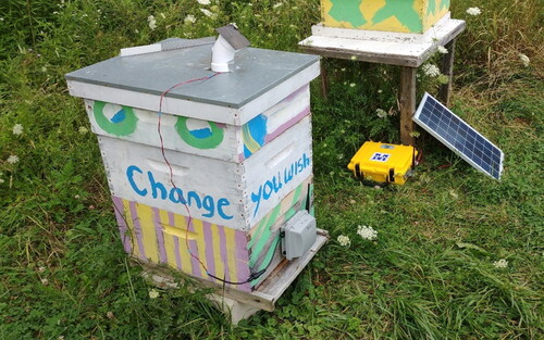 Figure 12. Beehive activity monitor (including a Doppler radar) located above the entrance of a hive, with solar panels as energy sources (from Cunha et al., Citation2020 with permission).