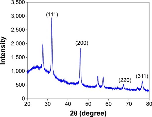 Figure 4 XRD pattern of AgNPs synthesized using tuber extract.Abbreviations: XRD, X-ray powder diffraction; AgNPs, silver nanoparticles.