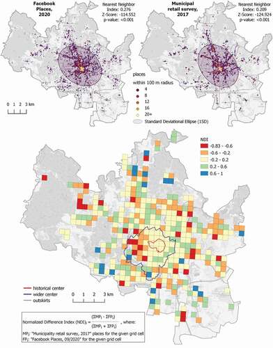 Figure 15. A comparison of the spatial distribution of collected Facebook Places and objects from the 2017 Brno municipal retail survey.