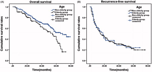 Figure 1. Overall survival and recurrence-free survival in the elderly and non-elderly groups. (A) Cumulative OS rates in the elderly group (n = 102) and the non-elderly group (n = 289). There was a significant difference between the two groups (χ2 = 6.450, p = 0.011, log-rank test). (B) Cumulative RFS rates in the two groups. There was no significant difference between the two groups (χ2 = 0.038, p = 0.844, log-rank test).