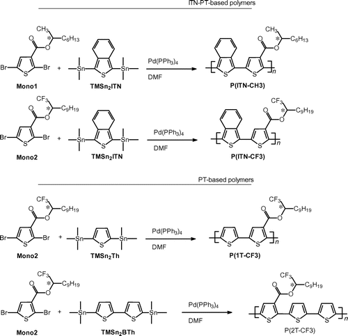 Scheme 2. Synthesis of polymers. DMF = dimethylformamide, Pd(PPh3)4 = tetrakis(triphenylphosphine)palladium(0).