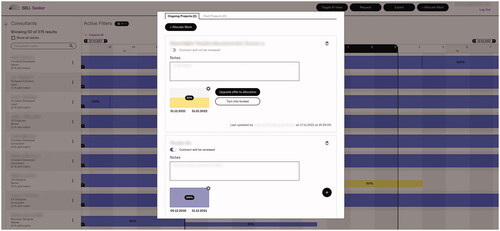 Figure 6. Detailed view of a consultant, in which project reservations (in yellow) or project allocations (in blue) are marked. For both cases, users can enter additional notes, and indicate a start and end date.