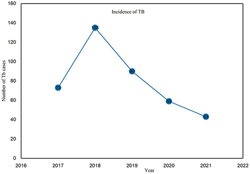 Figure 1 Trends of TB cases at four public hospitals in the South Gondar administration Zone from 2017 to 2021 (N=400).