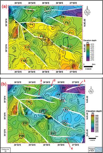 Figure 17. (a) the depth map of Abu Roash-C Member before applying any processing techniques on 20 seismic lines and (b) the map after applying the workflow of post-stack processing techniques on all seismic lines of study area.