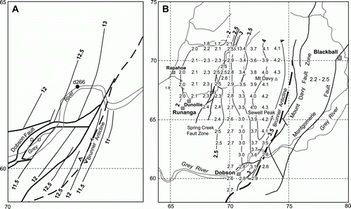 Figure 9  Brunner coals. A, Rank(Sr) pattern for Brunner coals in the Brunnerton area from Suggate & Boyd (2010, Fig. 18). B, Depth of burial (km) of the Brunner coal horizon over the whole coalfield. The grid numbers are in kilometres.
