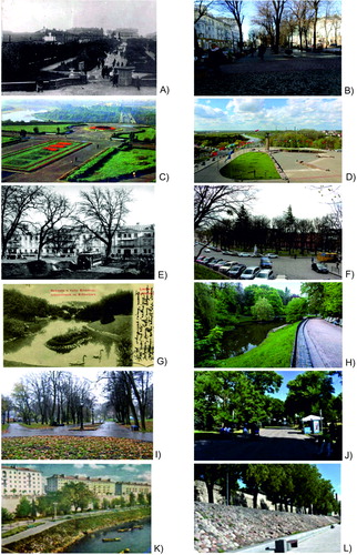 Figure 2. Recently renovated public spaces in case study areas. Mahilioŭ: “Kamsamolski park” (A. 1940, B. 2018); Square of Honor (C. 1980, D. 2019) Lviv: “Gubernatorskie valy” (E. 1894, F. 2016); “Stryiskiy park” (G. 1903–1914, F. 2016) Pskov: “Detsky park” (I. 1990s, J. 2013); Embankment of the Velikaya river (K. 1973, L. 2018)