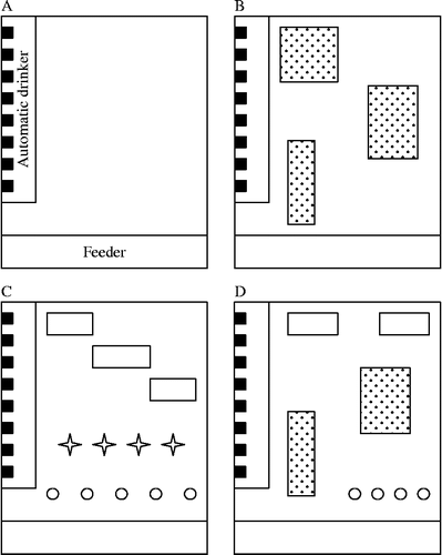 Figure 1.  Overhead view of boxes showing the four rearing environments used during the study. (A) non-enriched environment, (B) structural enrichment: Display full size = different wooden platforms, (C) foraging enrichment: ○ = bottle caps ▪ = Velcro cylinders Display full size = coloured wool, and (D) mixed structural and foraging enrichment.