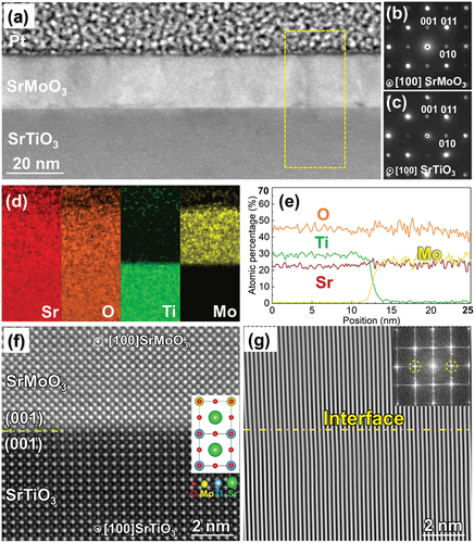 Figure 5. (a) Low magnification cross-sectional HAADF-STEM image of SMO film on STO(001) substrate. (b) and (c) are [001] NBED patterns acquired along SMO[100] and STO[100], respectively. (d) EDS maps collected from the region marked by a dashed-line rectangular frame in (a), and (e) corresponding EDS line profiles. (f) High magnification HAADF-STEM image near the SMO(001)/STO(001) interface. (g) IFFT filtered outline image of (f). The inset of (g) shows the FFT image of (f) and filter areas (dotted circles) for obtaining (g).