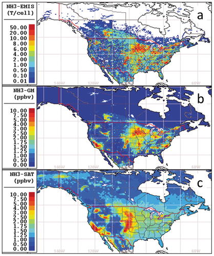 Figure 12. Mean North American agriculture ammonia (a) emissions used by GEM-MACH, (b) mean surface NH3 concentrations for July and August 2016, modeled by GEM-MACH, and (c) corresponding CrIS NH3 surface concentrations. From Shephard et al. (Citation2020).
